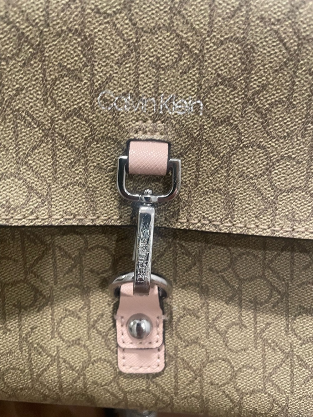 Calvin Klein Tan Monogram Shoulder Bag with Blush Pink Trim